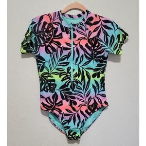 Wonder Nation Girls Short Sleeve Zip-Up Rash Guard One-Piece Swimsuit, UPF 50